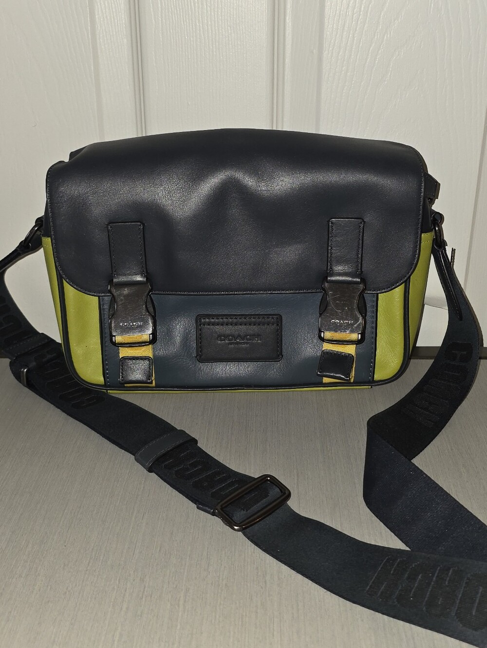 Coach Track Crossbody Bag in Colorblock Lime Navy Blue Calf Leather Buckle C8131